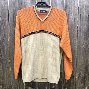 Barclay Men's V-Neck Sweater Colorblock Ribbed Melon Orange Cream Size 44 / L
